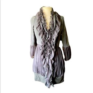 Sand Studio ruffle & lace knit dress, gray, long sleeve button front